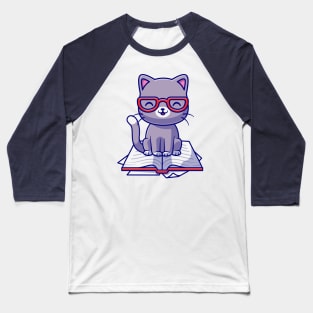 Cute Cat Sitting On Book Cartoon Baseball T-Shirt